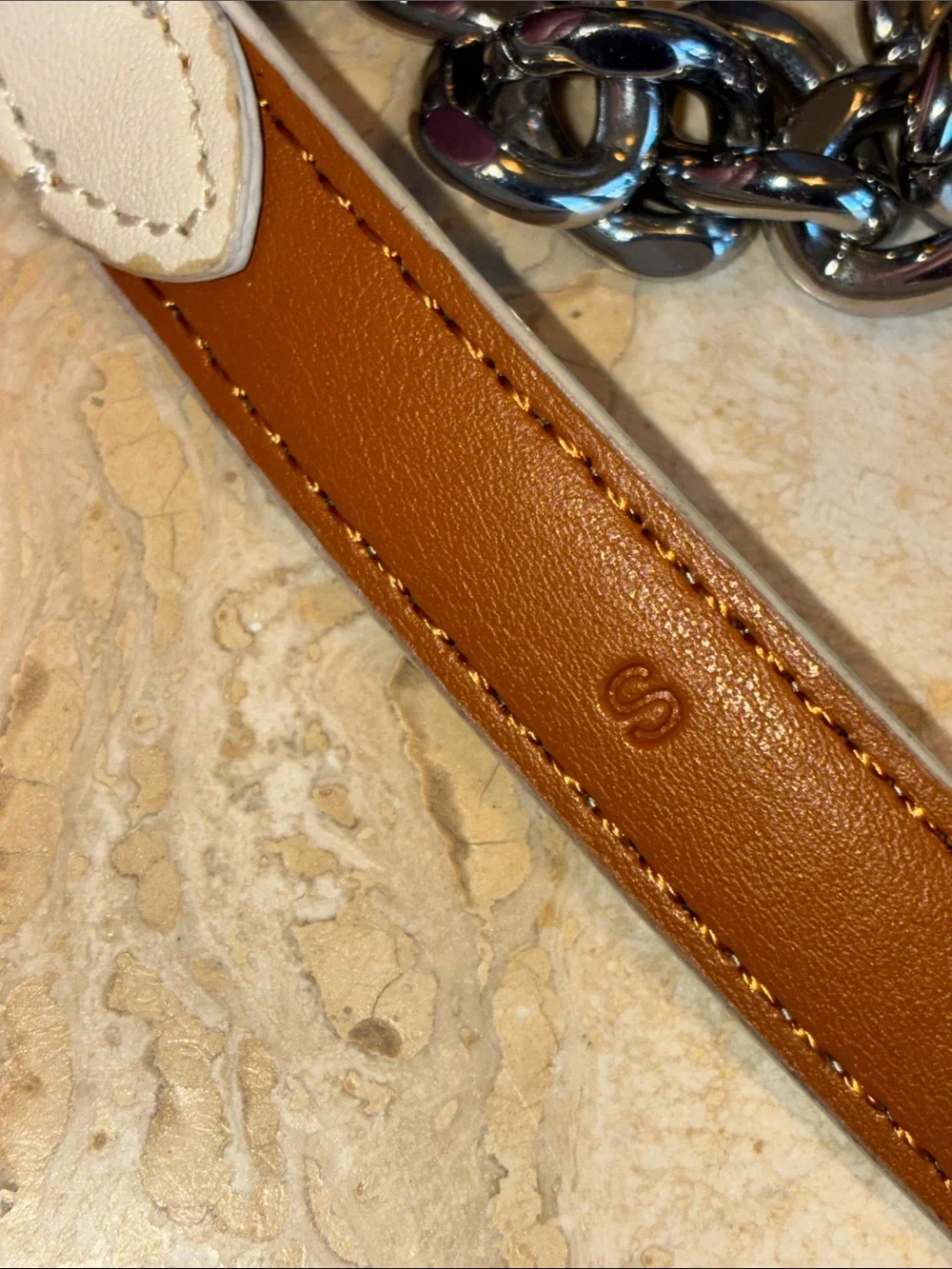 Lauren Ralph Lauren Belt Women S, White Leather Strap, Polished Silver Chain euc
